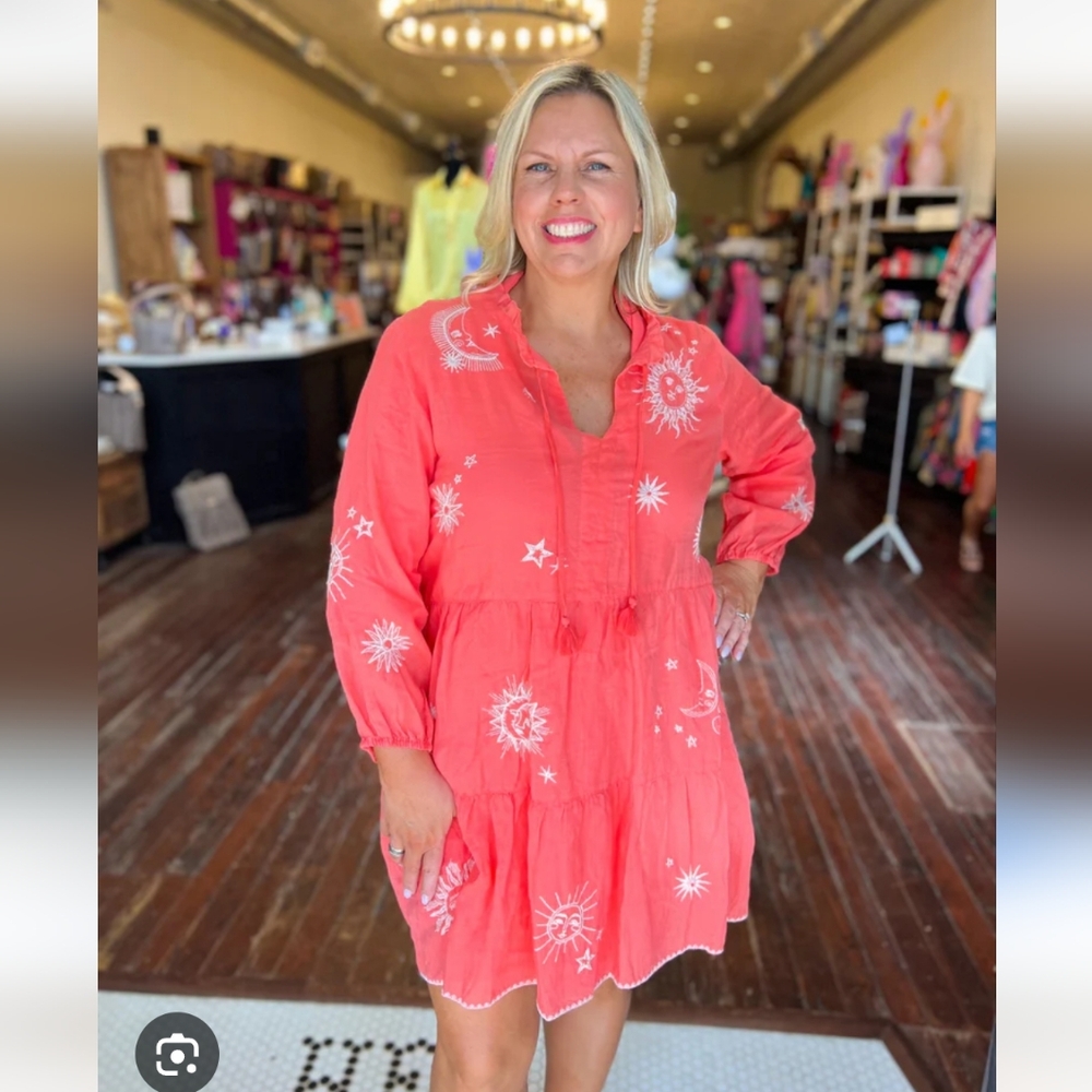 Johnny Was NWT Andromeda Tiered Embroidered Dress Sz Small in Living Coral $295